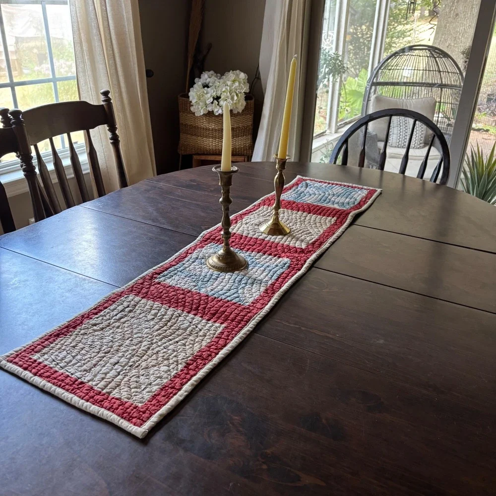Reversible Patchwork Table Runner Americana Red Cream Blue Star Farmhouse 44x11